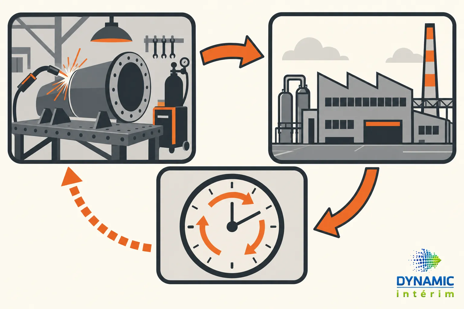 Chaudronnerie : atelier avec soudure sur un réservoir, puis usine industrialisée et horloge indiquant des cycles de travail.