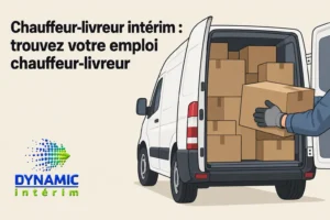 Chauffeur livreur intérim : vue d’un véhicule utilitaire avec porte arrière ouverte et colis empilés, logo Dynamic Intérim.