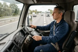 Chauffeur routier au volant d’un camion sur autoroute, concentration et route devant lui, cabines et tableau de bord visibles. Chauffeur routier salaire évoqué.