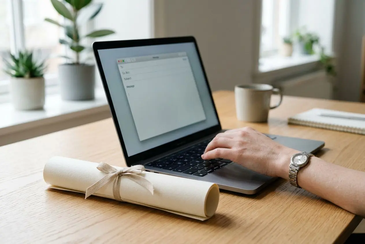 Clavier d’ordinateur sur une table, rouleau cadeau et main qui tape; contexte de travail intérimaire et congés payés travailleur intérimaire.