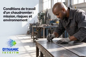 Conditions de travail d'un chaudronnier : un ouvrier trace des lignes sur une plaque métallique dans l’atelier, en quête de précision.