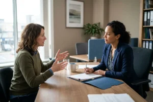Deux femmes en entretien en agence d’intérim autour d’une table, l’une parle avec gestes tandis que l’autre prend des notes. Intégration : comment trouver du travail rapidement en intérim.