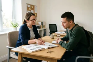 Deux personnes discutent autour d’une table de bureau, avec documents et clés, dans un espace de travail lumineux, aide au logement pour les intérimaires.