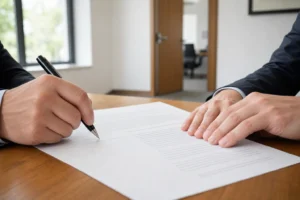 Deux personnes signent un contrat sur une table en bois, l’une tenant un stylo prêt à apposer sa signature. Embaucher un intérimaire en CDI en haut.