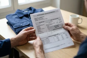 Document papier montrant un bulletin de paie ou fiche de paie, mains en avant, calcul des congés payés et éléments de rémunération pour le travailleur intérimaire. congés payés travailleur intérimaire intégré.