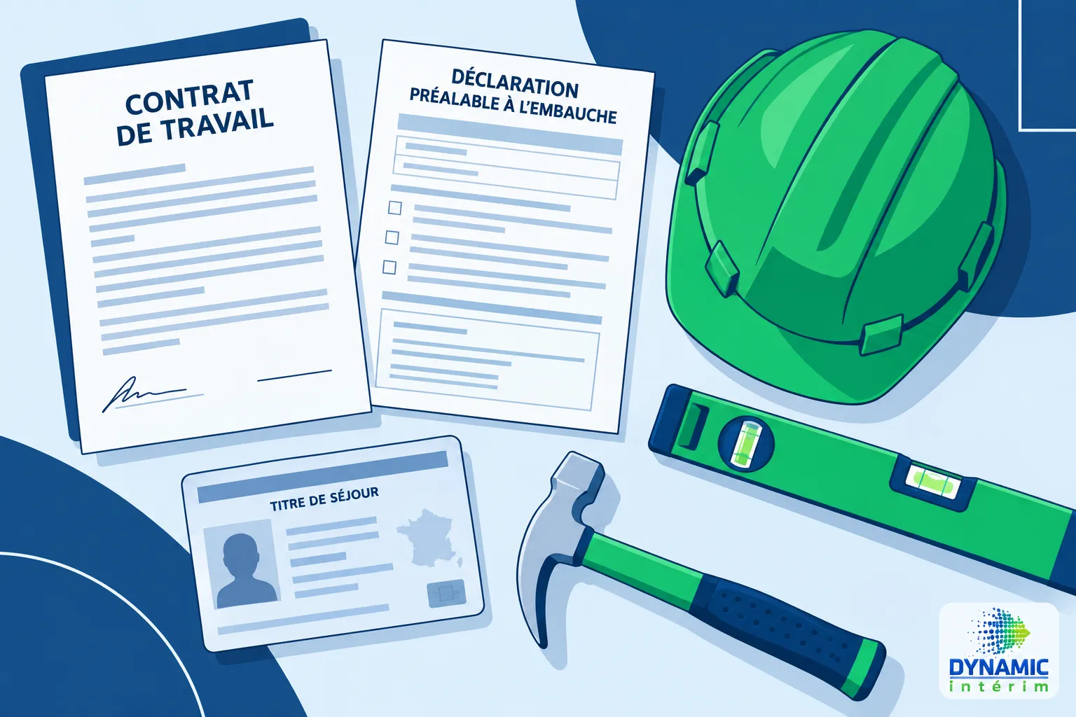 Documents et outils de chantier: contrat de travail, déclaration préaleable, carte d'identité et casque vert posés à côté