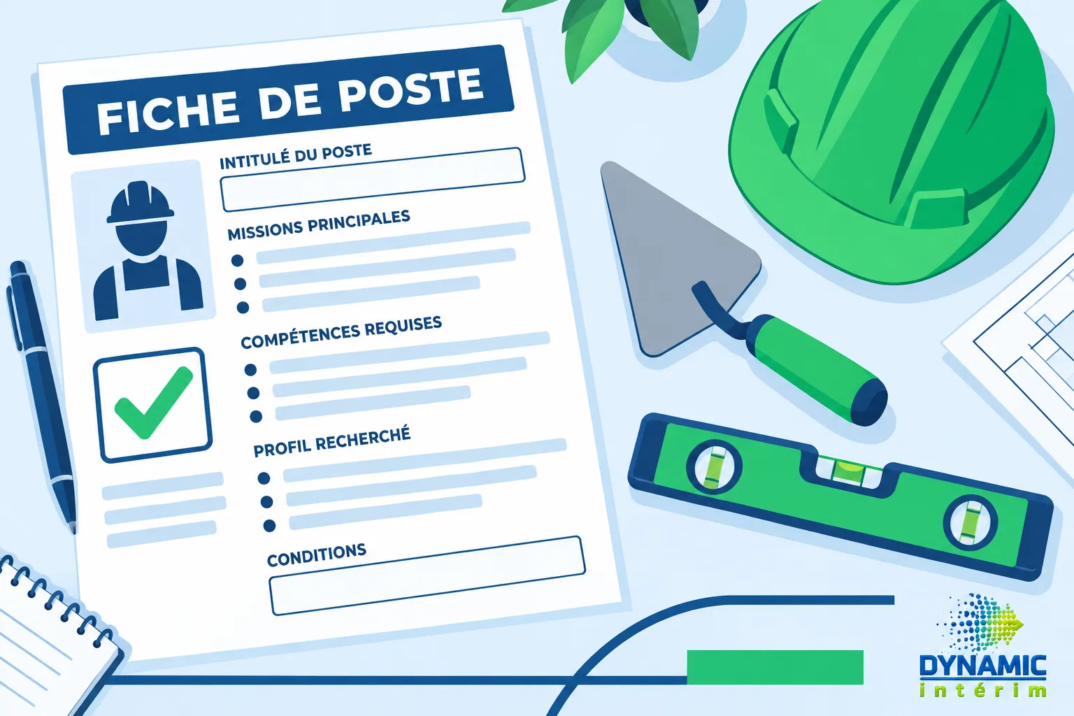 Une fiche de poste avec les rubriques intitulé du poste, missions principales et compétences requises posée sur un plan de