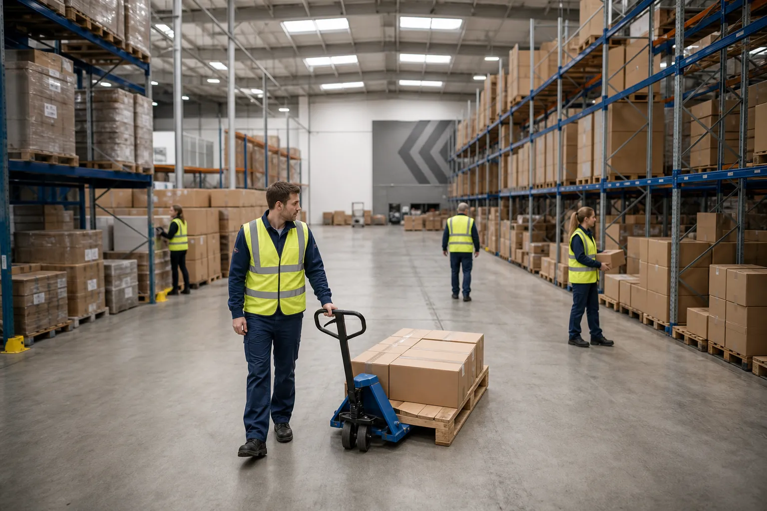 Homme en gilet jaune dans un entrepôt, guidant une transpalette près de palettes de cartons rangées sur des rayonnages. ค