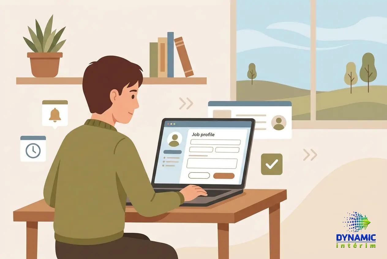 Homme travaillant sur un ordinateur portable à domicile, page de profil de job affichée; ambiance calme et lumineuse, logo Dynamic Intérim en bas. Un conseil pour trouver du travail rapidement en intérim.