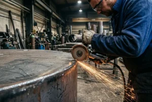 Un ouvrier en atelier taille et la Éléments de métal avec une发 grind, étincelles jaillissant autour, cadre industriel pour intérim chaudronnerie secteurs d'activité.