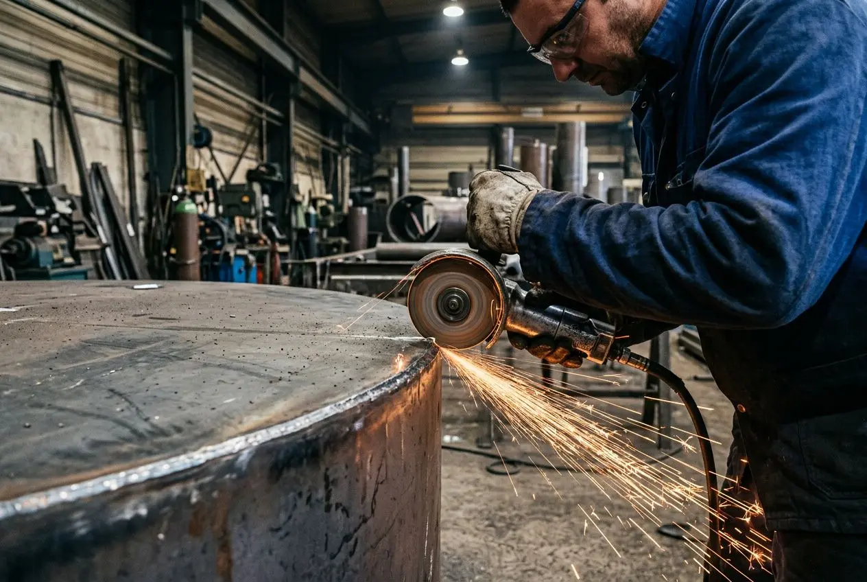 Un ouvrier en atelier taille et la Éléments de métal avec une发 grind, étincelles jaillissant autour, cadre industriel pour intérim chaudronnerie secteurs d'activité.