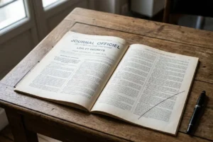 Page montrant un Journal Officiel ouvert sur une table en bois avec un stylo à côté, prêt à lire la liste officielle des métiers en tension 2025.