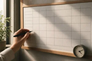 Salle de planning avec un tableau blanc calendarisé et une horloge; une main trace une case. heures supplémentaires maximum par semaine visibles.
