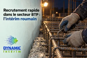 Travailleurs du BTP manipulant des barres d’armature et du ferraillage sur un chantier au crépuscule.