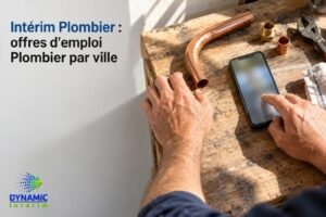 Actions d’un plombier tenant un smartphone sur un établi avec des pièces et outils.