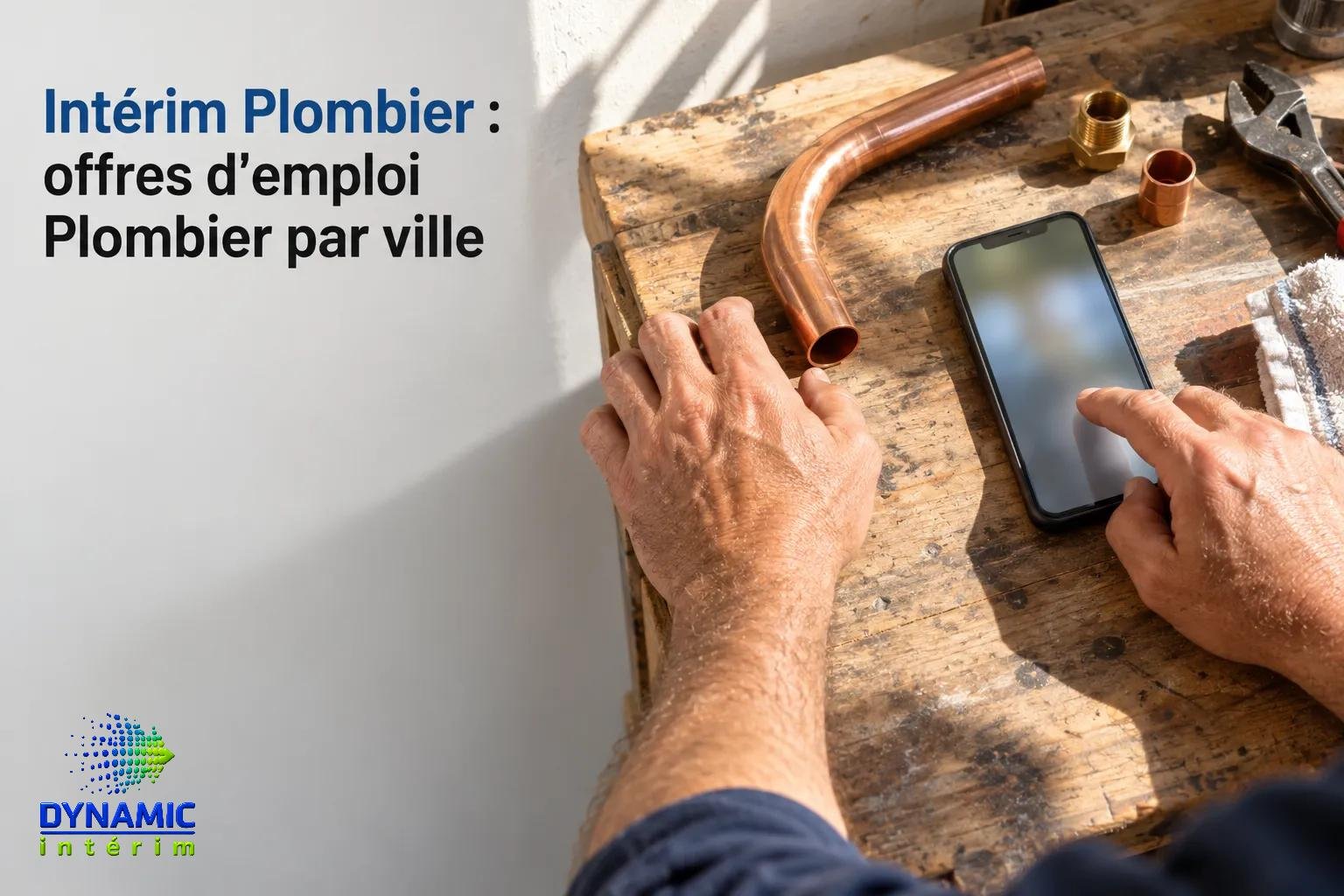 Actions d’un plombier tenant un smartphone sur un établi avec des pièces et outils.