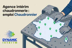 Carte de la France avec des marqueurs verts et des ouvriers sur une table, représentant la recherche de missions de