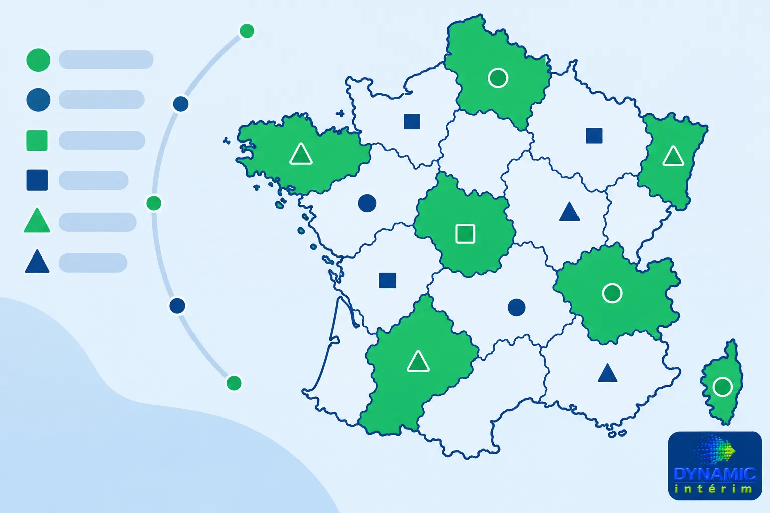 Carte illustrant les régions françaises avec des zones en vert et des symboles géométriques.