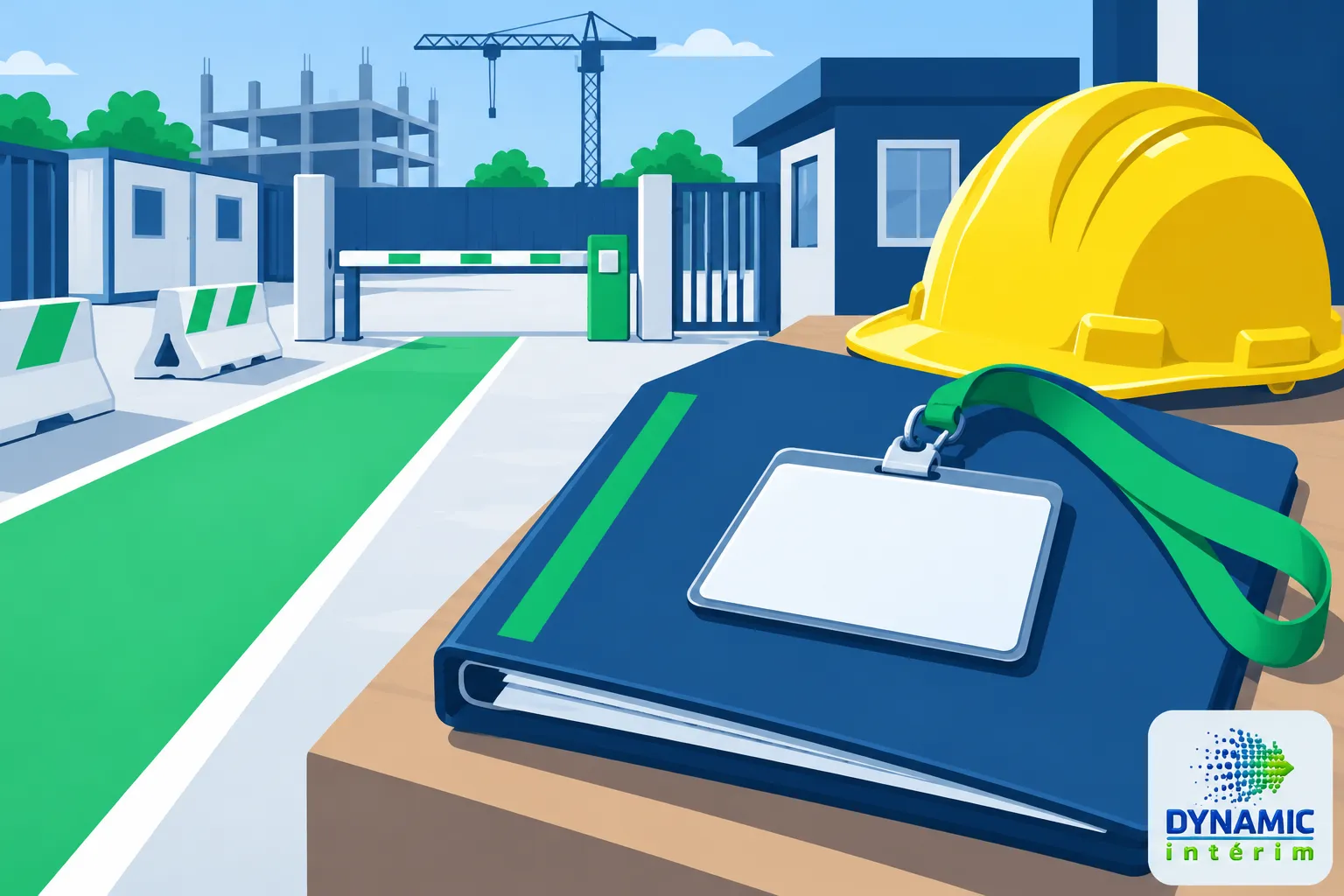 Casque de chantier jaune et carnet à l'entrée d'un chantier de construction en arrière-plan.
