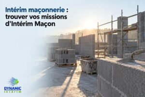 Chantier de maçonnerie avec des blocs de béton et une structure en construction au soleil.
