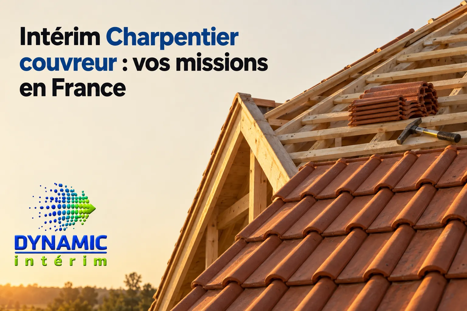 Construction de charpente et pose de tuiles sur une toiture en cours de finition sur un chantier en extérieur.