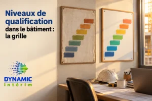 Diagramme coloré illustrant les niveaux de qualification du secteur du bâtiment affiché sur deux cadres accrochés au mur.