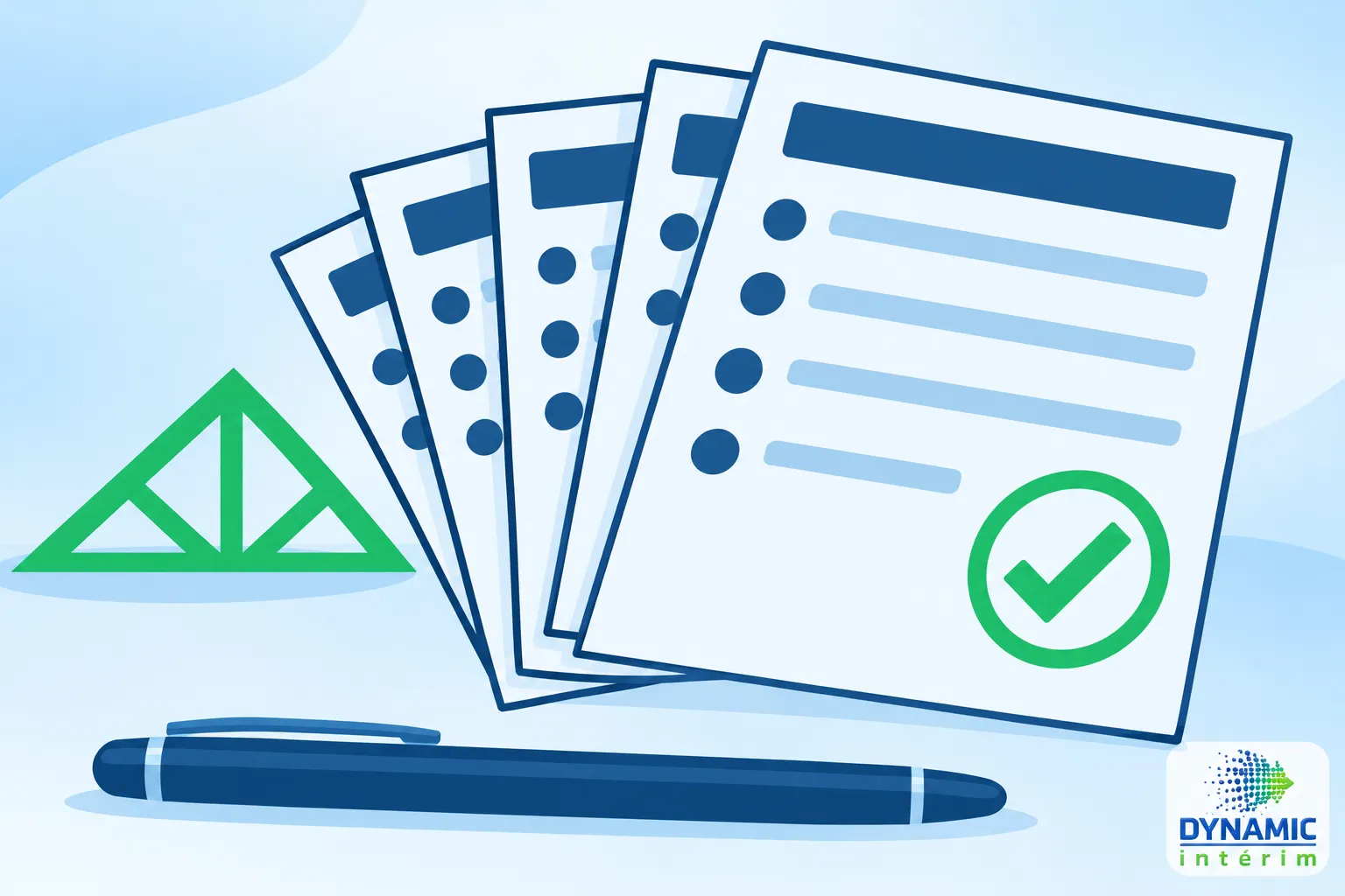 Des feuilles de contrat avec une coche verte et un stylo posé devant, sur fond bleu.