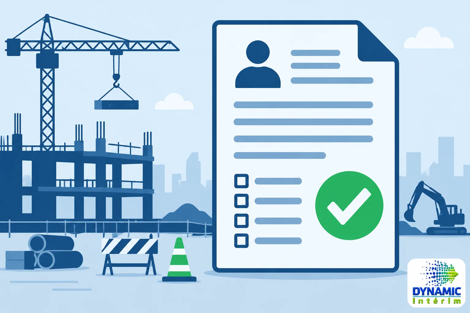Une grande page de formulaire avec une silhouette et des lignes de texte sur fond bleu, près d’un chantier de construction