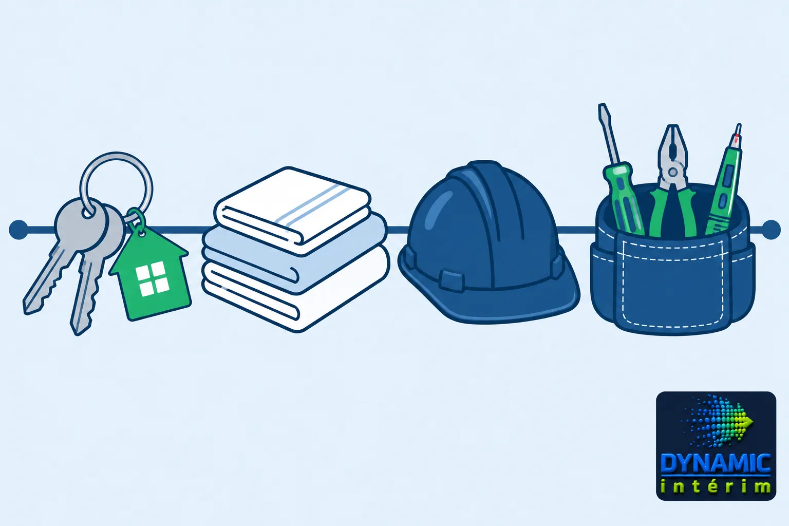 Harnais, casque et outillage posés sur une ligne, symbolisant les équipements pour une mission.