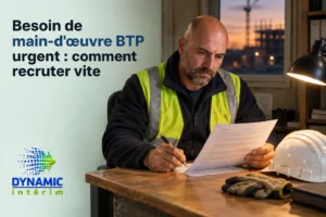 Homme travailleur de chantier en gilet jaune rédigeant un formulaire sur une table.