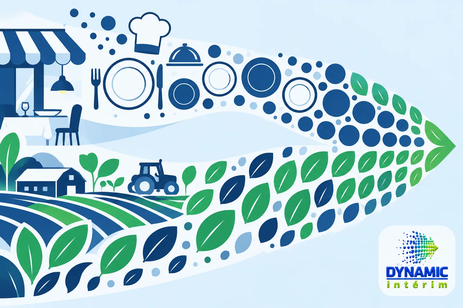 Une illustration stylisée représentant des activités agricoles et artisanales avec des éléments de ferme, de bâtiment et des
