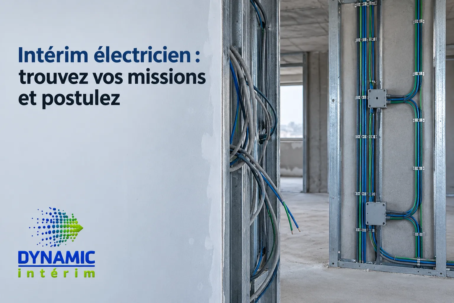 Intérieur de bâtiment en construction avec des câbles électriques apparents et un tableau de câblage vertical.