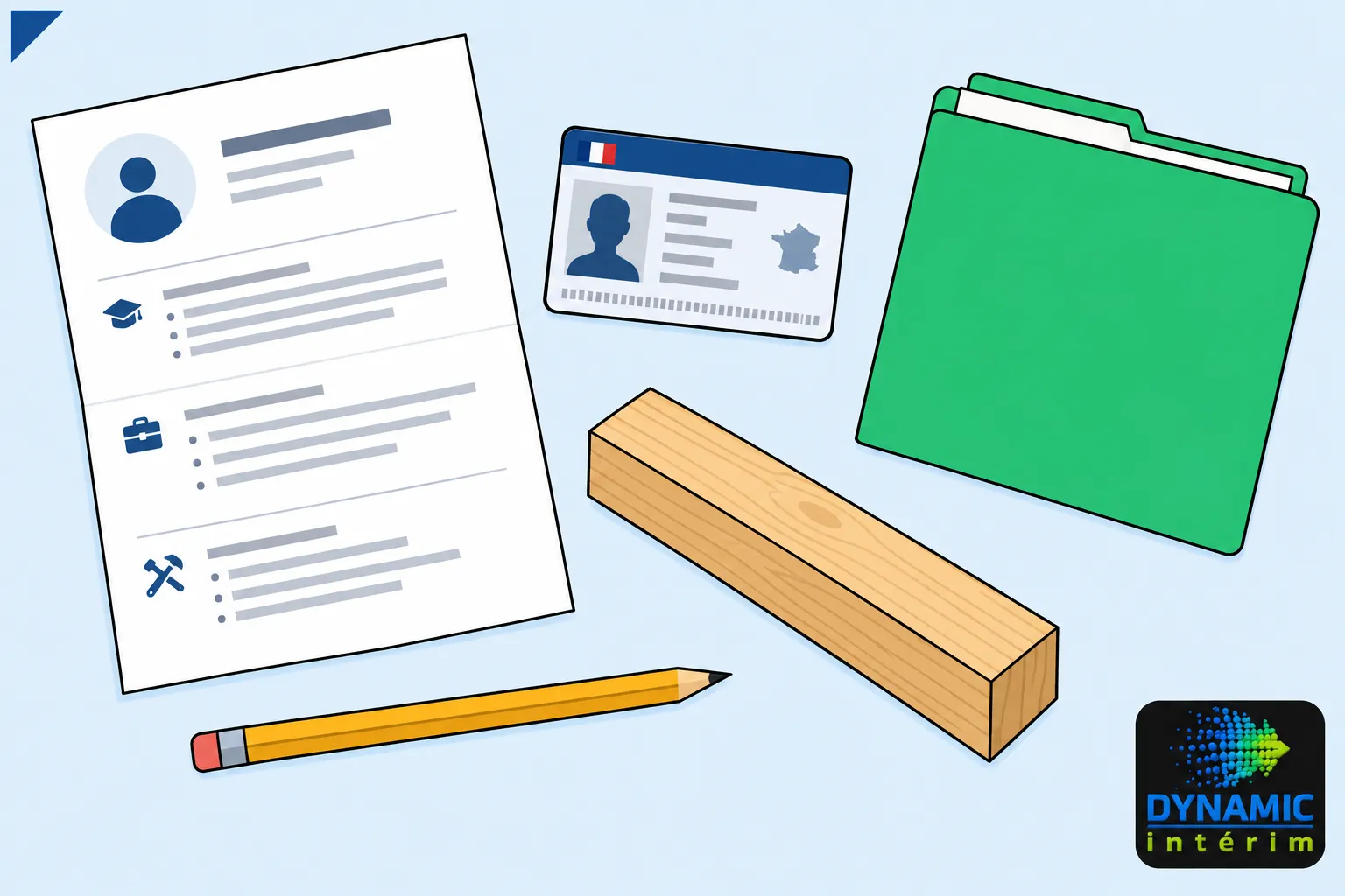 Jeu de matériel de chantier et outils: une feuille de papier avec un CV, une carte d’identité, une trousse verte, un crayon,