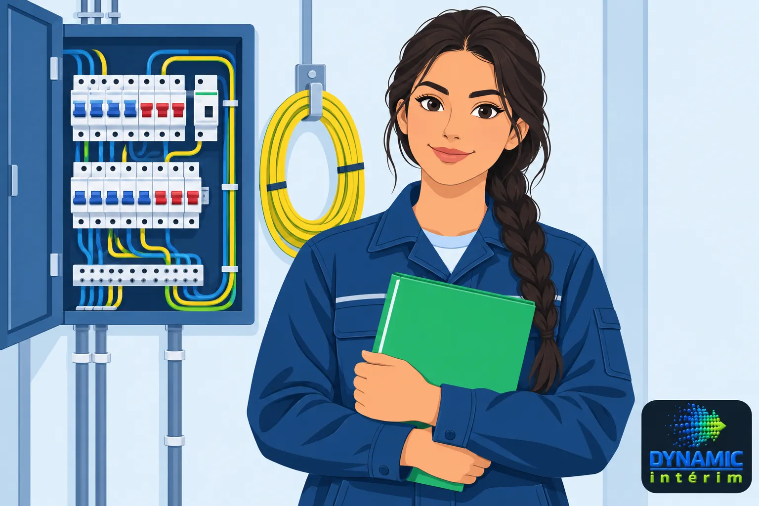 Jeune femme électricienne tenant un carnet vert debout près d’un panneau électrique ouvert.