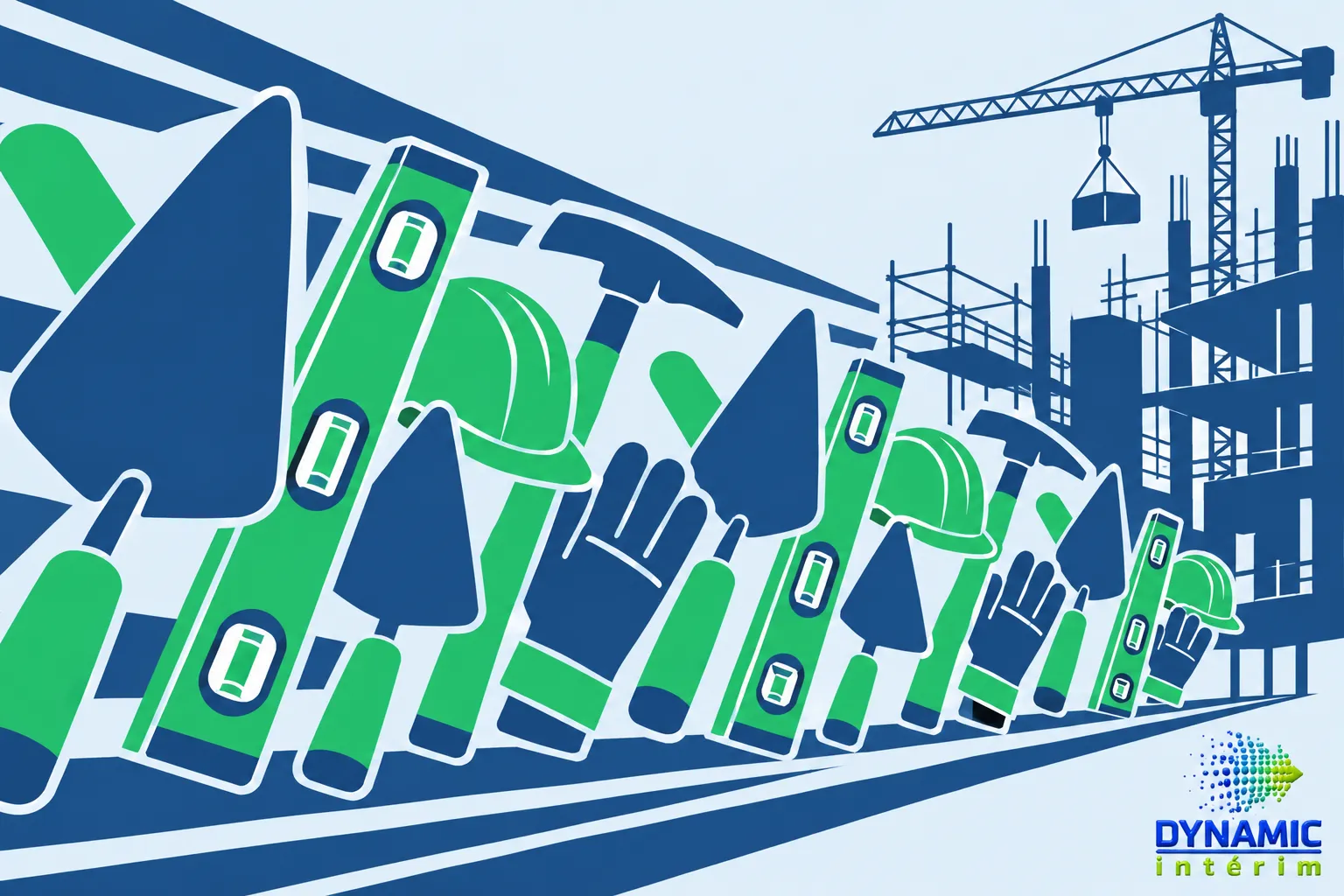 Des outils et casques de sécurité alignés devant un chantier en construction avec une grue en arrière-plan.