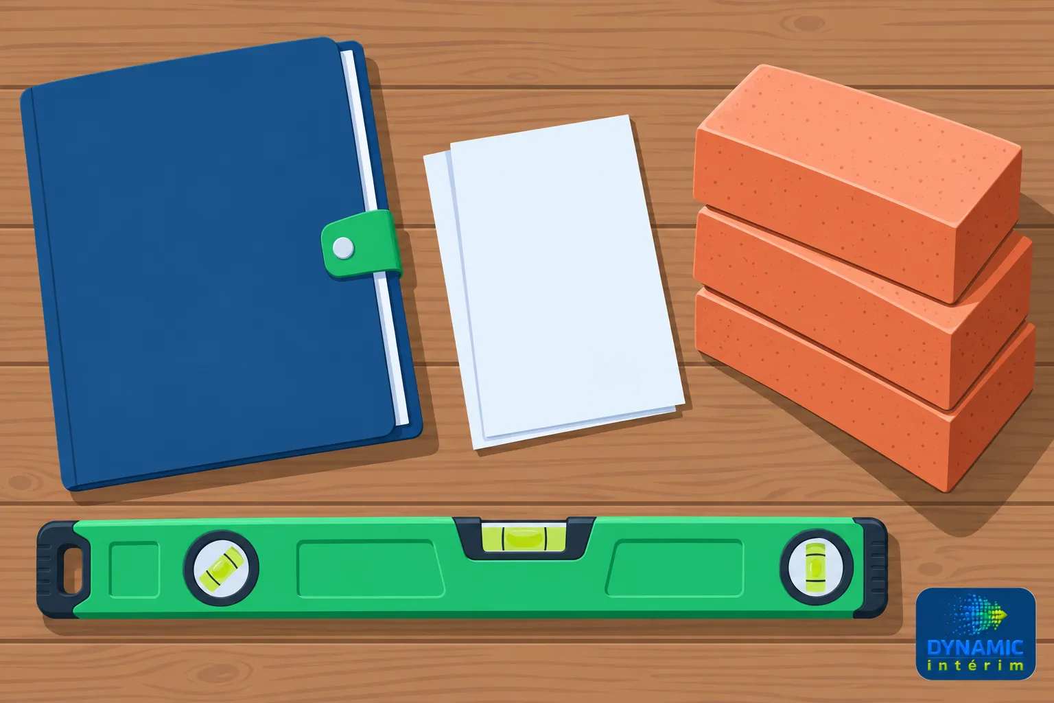 Outils de construction et documents posés sur une planche en bois, avec bloc-notes bleu, papiers blancs, briques et niveau à