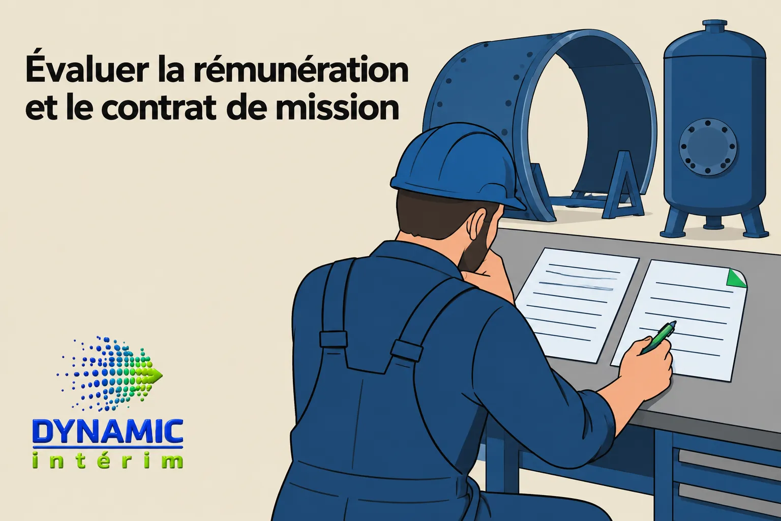 Un ouvrier en tenue de travail consulte un document sur un pupitre près d’équipements industriels.