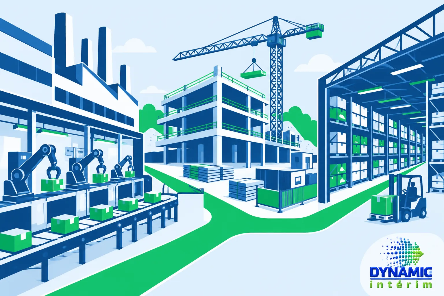 Vue d’un chantier et d’un atelier de construction avec des camions et une grue, illustration de secteurs industriels.